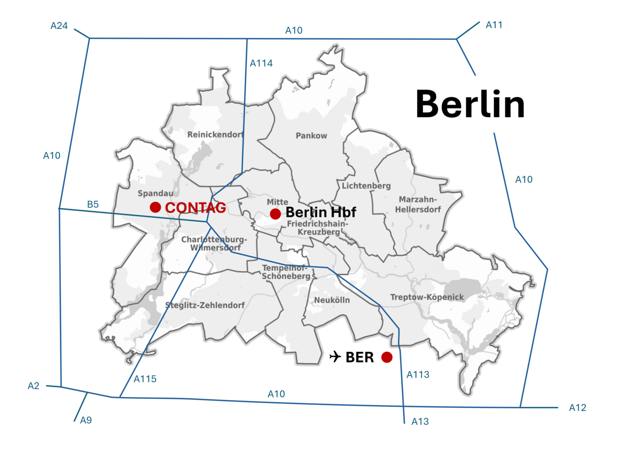 Anfahrtskizze zum Standort der CONTAG AG in Berlin: Die Übersichtskarte zeigt den Firmensitz im Bezirk Spandau und veranschaulicht die verkehrsgünstige Anbindung an die Autobahnen (Berliner Ring A10), den Hauptbahnhof und den Flughafen BER.