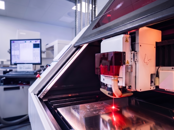 Blick in eine Laser-Anlage bei CONTAG während des Bohrprozesses von Microvias auf einer Leiterplatte.