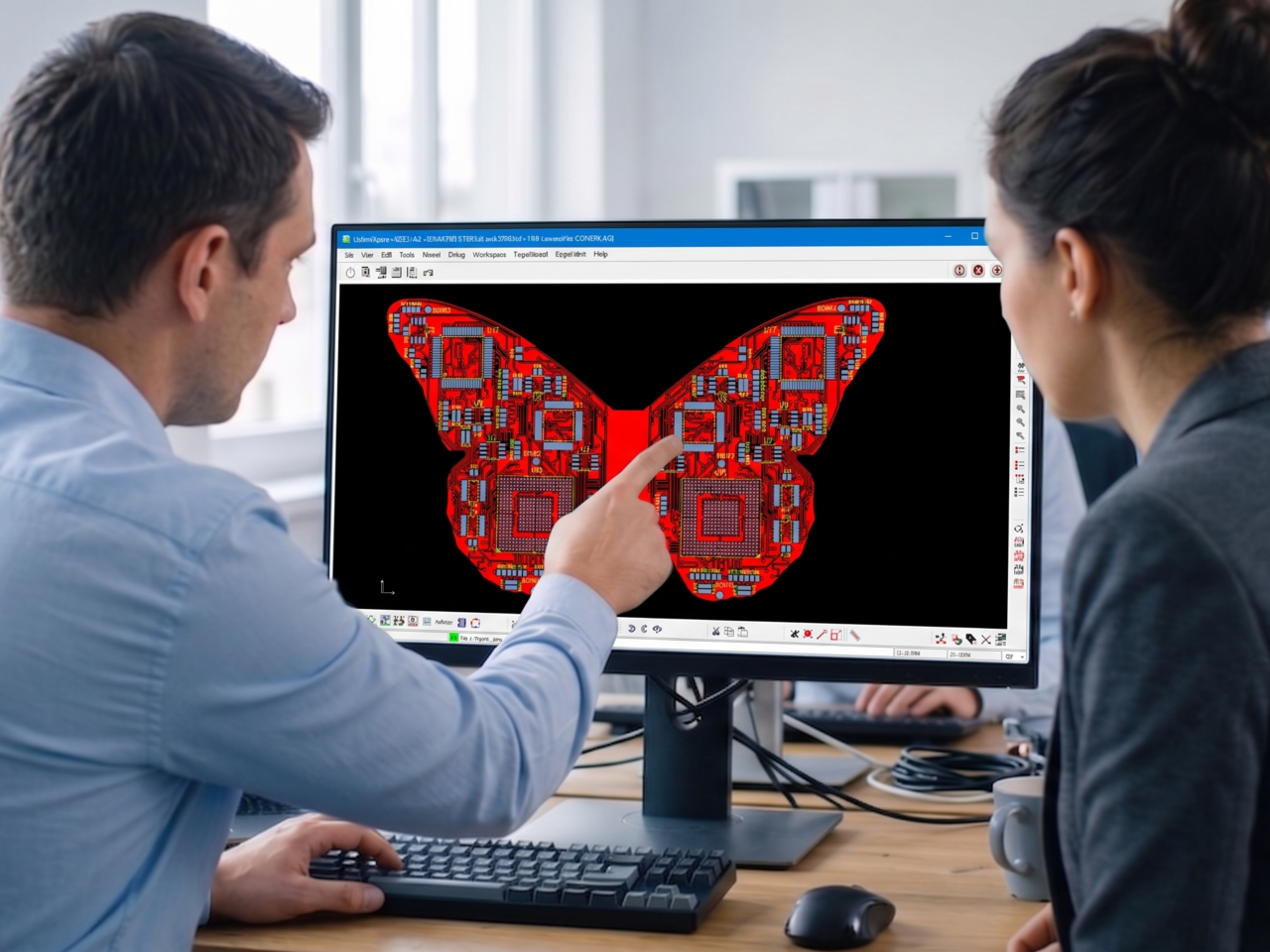 Zwei CONTAG-Ingenieure bei der Layout-Optimierung und Design-for-Manufacturing-Analyse (DFM) eines Schmetterlings-Schaltungsträgers am Bildschirm.