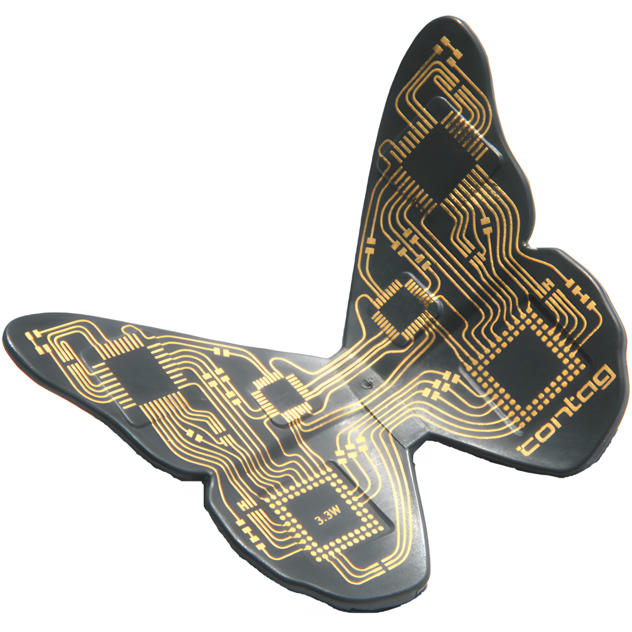 Banner für 3D-MID Technologie von CONTAG: Ein dreidimensional geformter Schaltungsträger in Schmetterlingsform mit integrierten Leiterbahnen und Bauteilen vor einem blau gewellten Hintergrund.