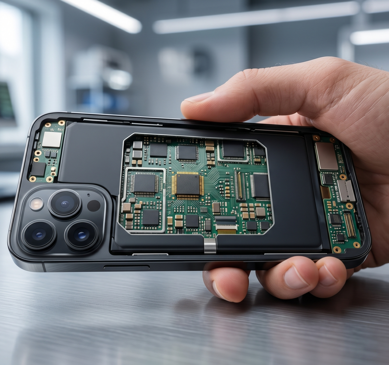 Eine Hand hält ein geöffnetes Smartphone und zeigt die komplexe Leiterplatte und Elektronik im Inneren als Anwendungsbeispiel für miniaturisierte CONTAG-Technologie.