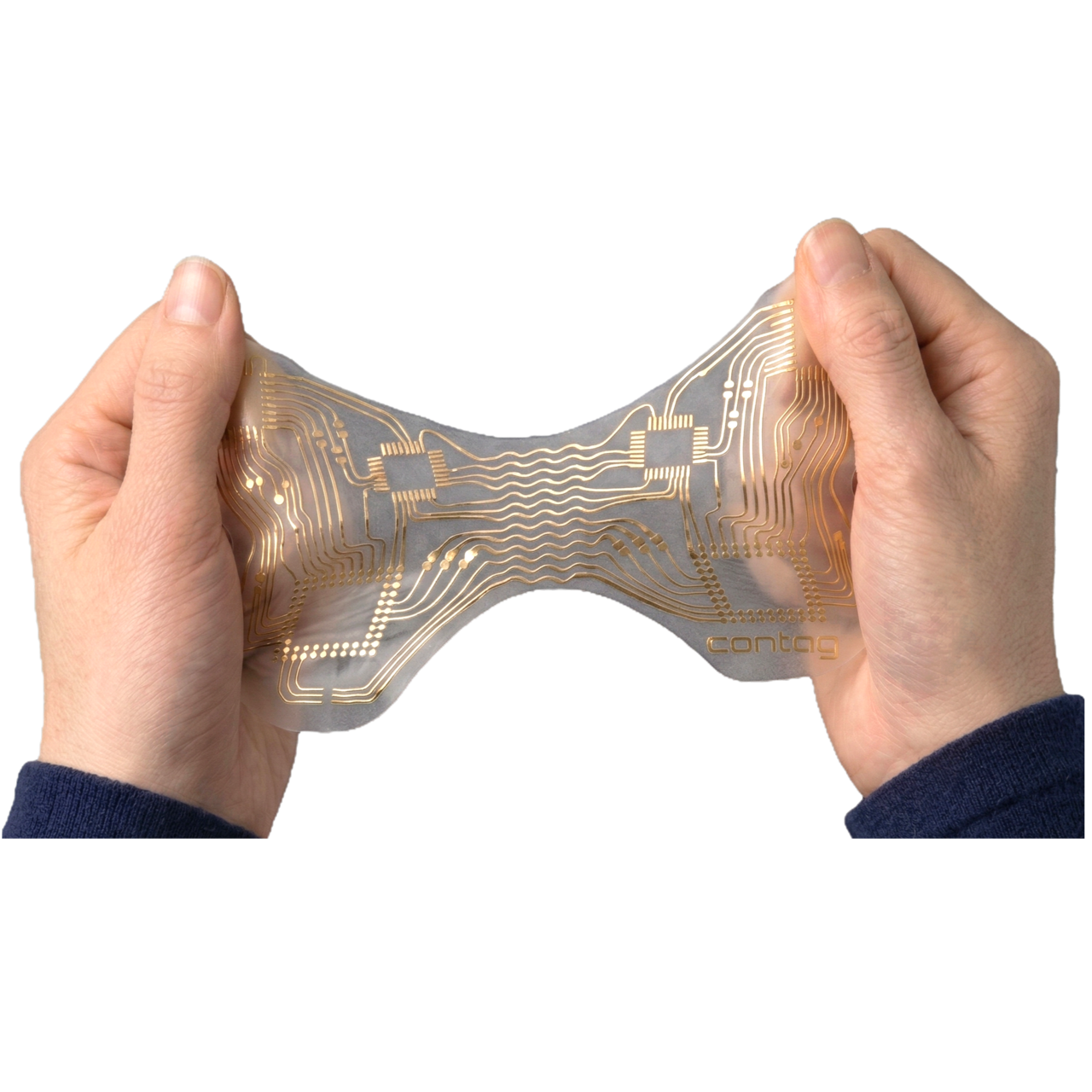 Banner zu Stretchable Electronics von CONTAG: Zwei Hände dehnen eine transparente, flexible Leiterplatte mit geschwungenen Leiterbahnen.