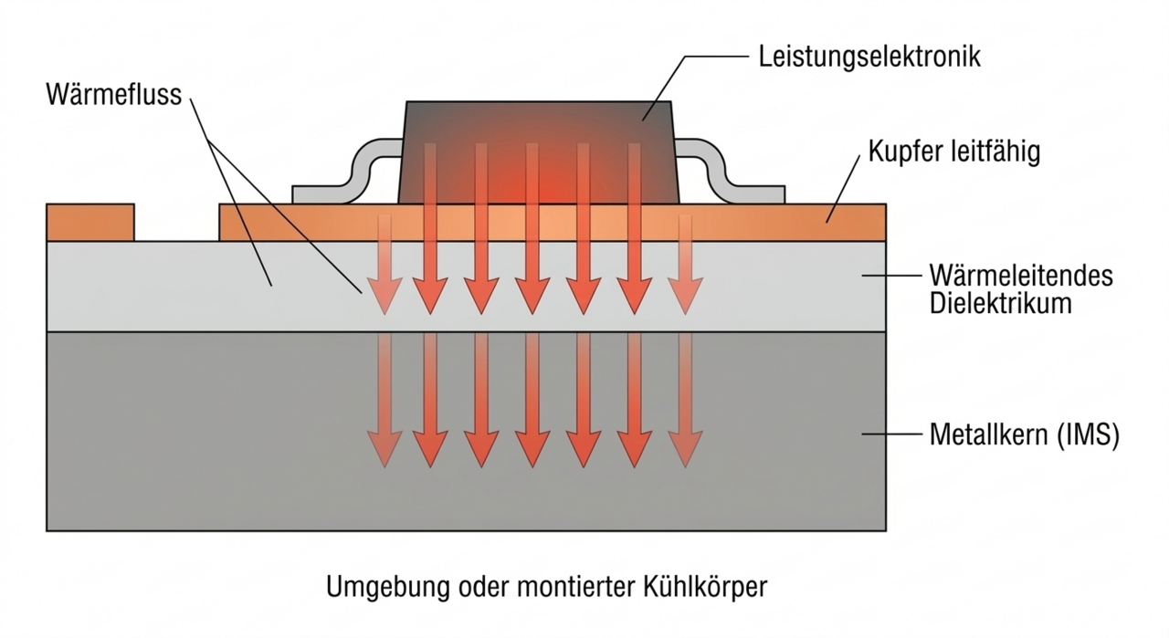 Schema zum Wärmemanagement einer IMS-Leiterplatte von CONTAG: Darstellung des Wärmeflusses von einem Bauteil der Leistungselektronik durch ein wärmeleitendes Dielektrikum in den Metallkern zur Kühlung.