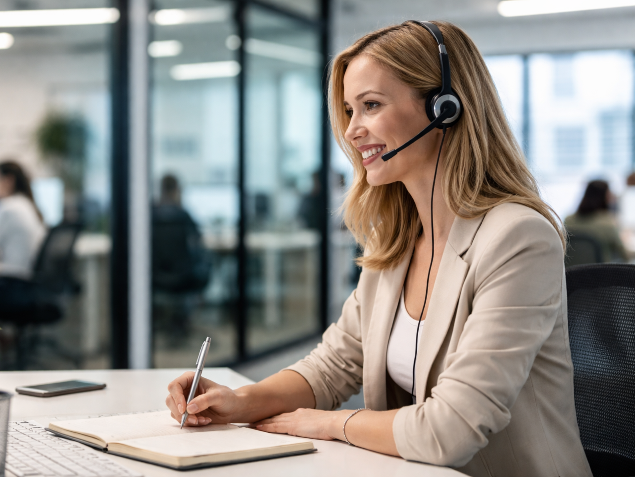 Ihr direkter Kontakt zu CONTAG für allgemeine Anfragen: Eine freundliche Mitarbeiterin im Kundenservice mit Headset am Schreibtisch.