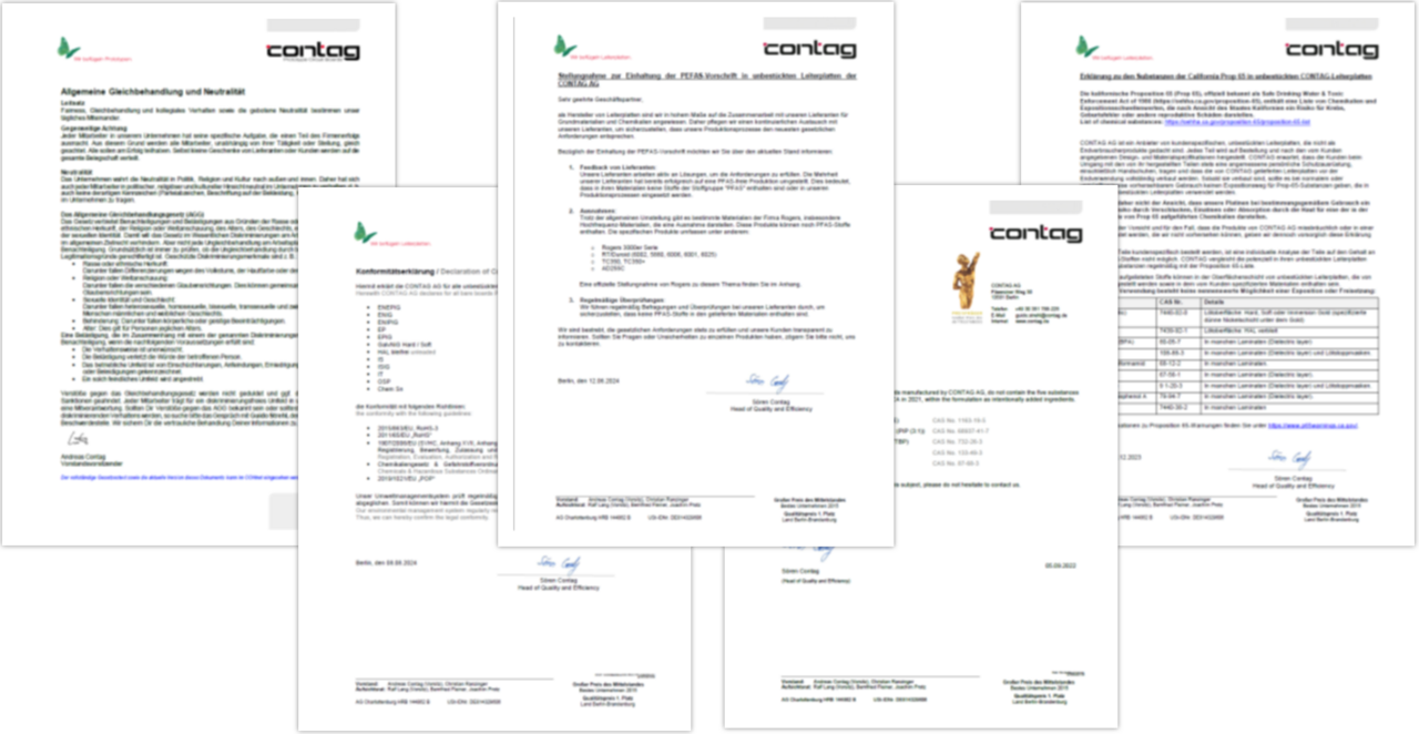 Übersicht der offiziellen CONTAG Dokumente zum Umweltschutz und zur Compliance: Eine Auflistung wichtiger Erklärungen wie RoHS, REACH, PFAS und Konfliktmineralien neben einer Collage der entsprechenden Zertifikate.