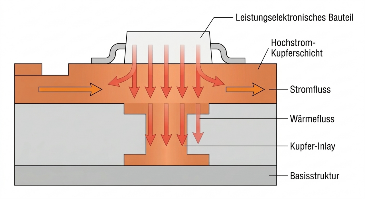 Infografik zur Kupfer-Inlay-Technologie von CONTAG: Schematische Darstellung einer Hochstrom-Kupferschicht mit massivem Kupfer-Inlay zur kombinierten Ableitung von Stromfluss und Wärmefluss bei leistungselektronischen Bauteilen.