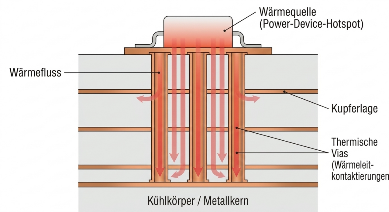 Infografik zu thermischen Vias von CONTAG: Schematische Darstellung des Wärmeflusses von einem Hotspot durch Wärmeleitkontaktierungen (Thermal Vias) in die Kupferlagen und den Metallkern eines Multilayers.