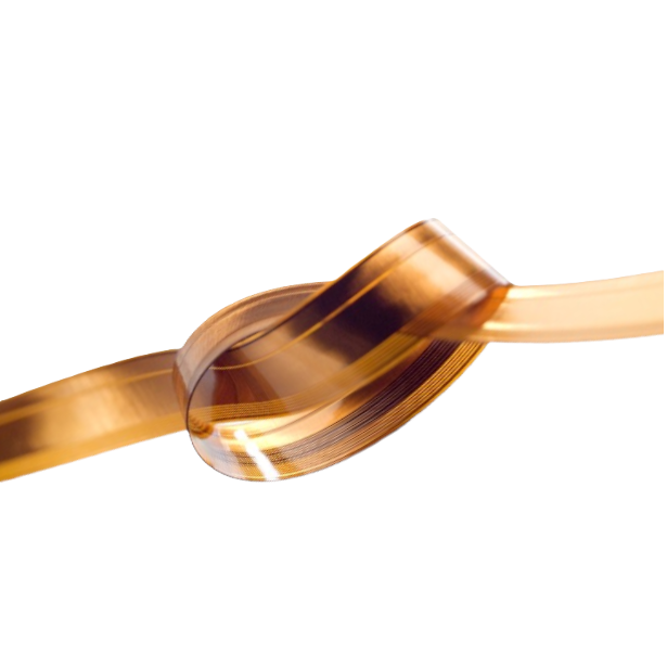 Aufgerollte, flexible Leiterplatte aus goldbraunem Polyimid.