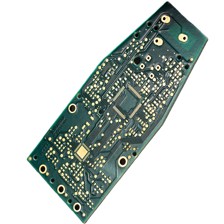 Detaillierte Ansicht einer grünen CONTAG Leiterplatte mit vergoldeten Kontakten und feinen Leiterbahnenstrukturen.