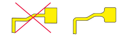 Vergleich zur optimierten Layoutgestaltung bei 3D-MID: Die Grafik zeigt links ein fehlerhaftes Design mit scharfen Kanten und rechts die korrekte, verrundete Leiterbahnführung zur Vermeidung von Versatz bei Lotkontakten.