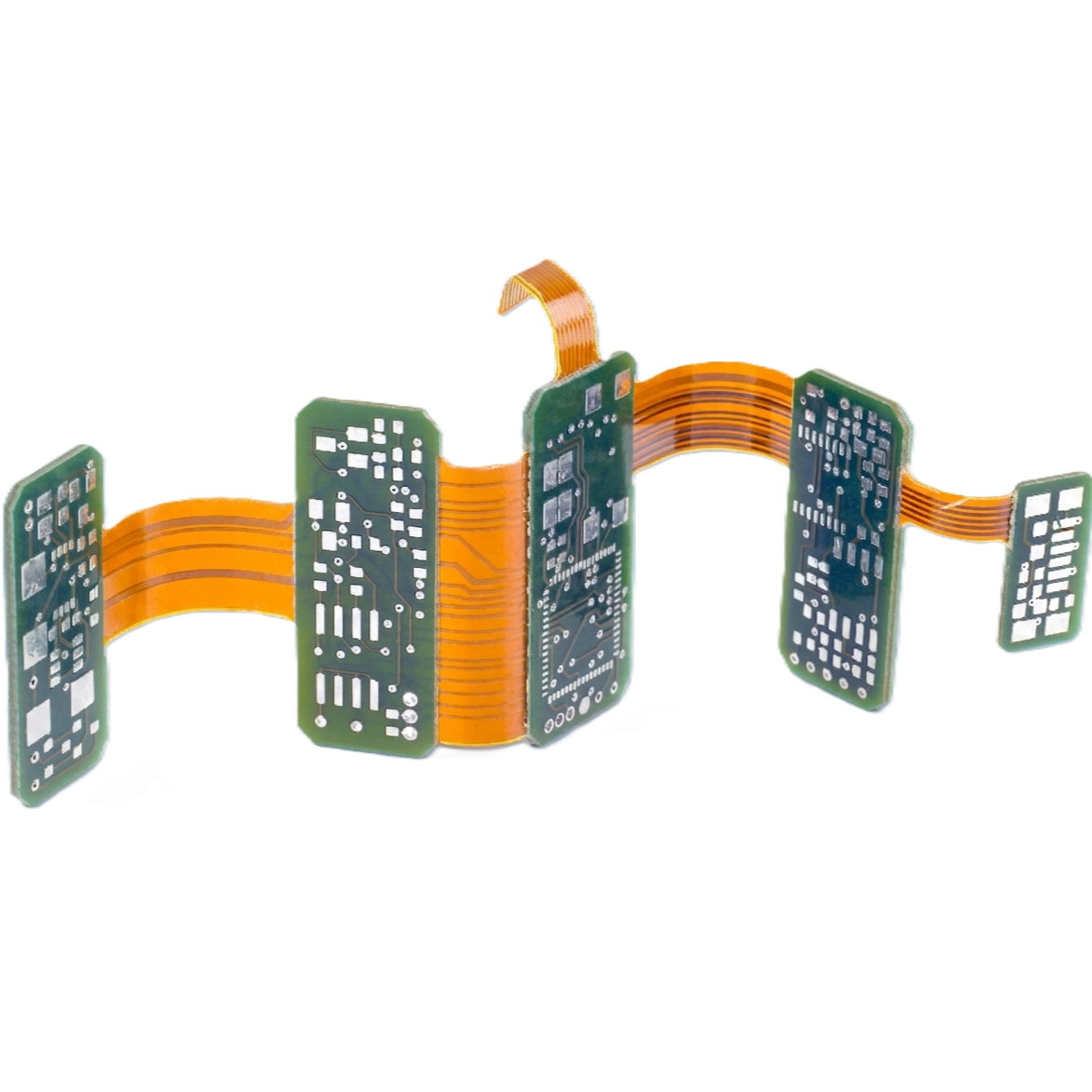 Rigid-Flex oder Starr-Flex-Leiterplatte, bei der feste und flexible Elemente miteinander verbunden sind.