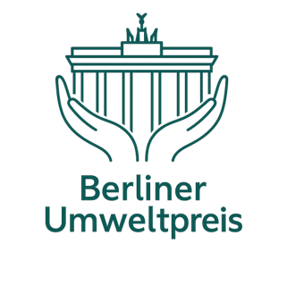 Logo des Berliner Umweltpreises für die CONTAG AG: Eine stilisierte Darstellung des Brandenburger Tores in schützenden Händen als Symbol für umweltbewusstes Unternehmertum.